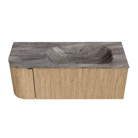 MONDIAZ KURVE-DLUX 115cm badmeubel ronding Links kleur Oak met 1 lade en 1 deur. Wastafel BIG SMALL Rechts 1 kraangat Oza. SW1432650