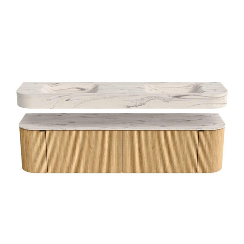 MONDIAZ THOR-DLUX 180cm meuble de salle de bains arrondi gauche + droite couleur Oak avec 2 tiroirs et 2 portes. Vasque suspendue CLOUD Double sans trou de robinet couleur Nata. SW1466188