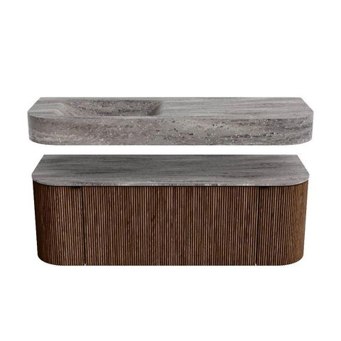 MONDIAZ THOR-DLUX 130cm badmeubel ronding links + rechts kleur Walnut met 1 lade en 2 deuren. Vrijhangende wastafel CLOUD Links zonder kraangat kleur Oza. SW1463969