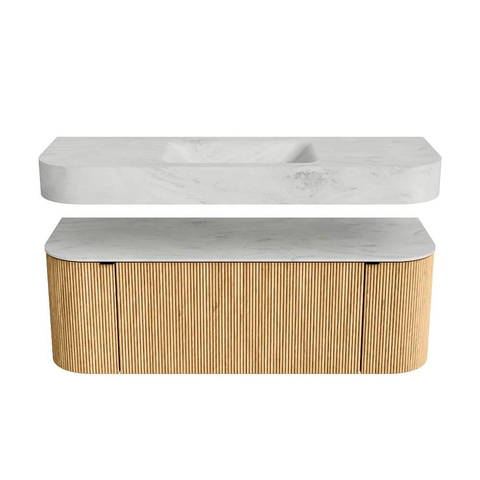 MONDIAZ THOR-DLUX 130cm meuble de salle de bains arrondi gauche + droite couleur Oak avec 1 tiroir et 2 portes. Vasque suspendue CLOUD Milieu 1 trou de robinet couleur Opalo. SW1463542