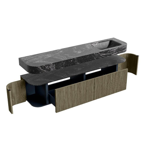 MONDIAZ THOR-DLUX 190cm meuble de salle de bains arrondi gauche + droite couleur Shadow avec 2 tiroirs et 2 portes. Vasque suspendue CLOUD droite sans trou de robinet couleur Lava. SW1466565