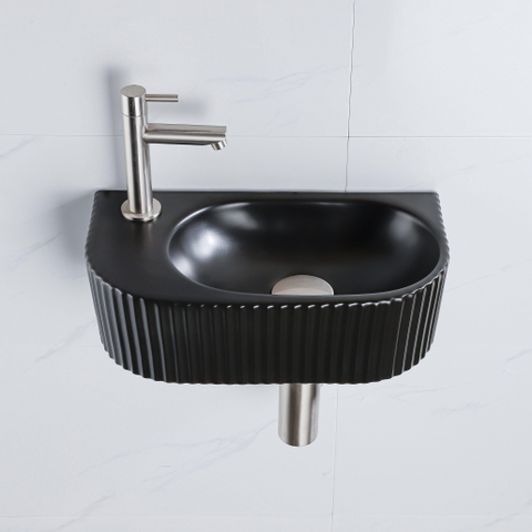 QeramiQ Fuente fonteinset – halfrond – 40x21.5x12 cm – keramiek zwart mat – kraan geborsteld RVS – geribbeld SW1233018