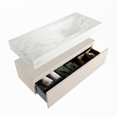 Mondiaz ALAN-DLUX Ensemble de meuble - 110cm - meuble Linen mat - 1 tiroir - Lavabo Cloud Opalo suspendu - vasque Droite - 1 trou de robinet SW806508
