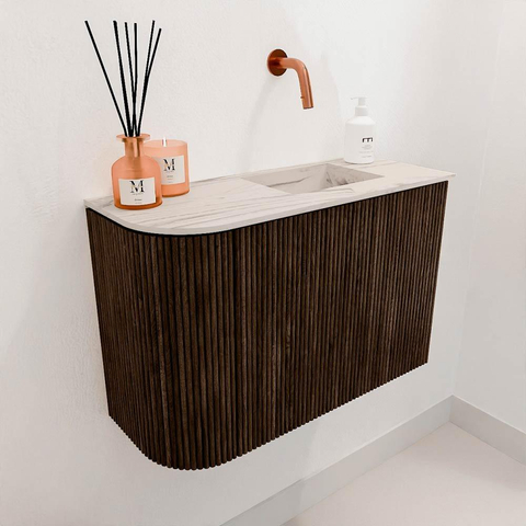 Mondiaz JOYA-DLUX 61.6cm toiletmeubel - ronding links kleur Walnut - Wastafel FAYE positie Rechts Zonder kraangat kleur Nata. SW1426244