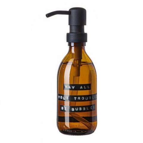 Wellmark Handzeep bruin glas zwarte pomp 250ml tekst MAY ALL YOUR TROUBLES BE BUBBLES Zwart label SHOWROOMMODEL SHOW22599
