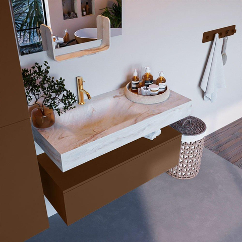 Mondiaz ALAN-DLUX Ensemble de meuble - 100cm - meuble Rust mat - 1 tiroir - Lavabo Cloud Frappe suspendu - vasque Gauche - 1 trou de robinet SW805022