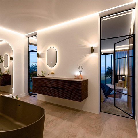 Mondiaz CIRO-DLUX Ensemble de meubles de salle de bains - 180x45x50cm - vasque solid surface Sombra - 1 bassin à gauche - sans trous de robinetterie - 4 tiroirs - Noyer SW1530806