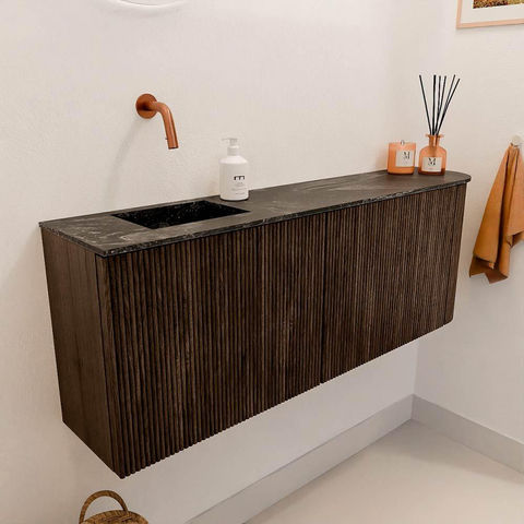 Mondiaz JOYA-DLUX Meuble de salle de bains 111.6cm - arrondi droit couleur Walnut - Vasque FAYE position Gauche Sans trou de robinet couleur Lava SW1422492