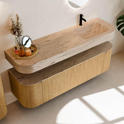 MONDIAZ THOR-DLUX 160cm meuble de salle de bains arrondi gauche + droite couleur Oak avec 1 tiroir et 2 portes. Vasque suspendue CLOUD Droite 1 trou de robinet couleur Arena. SW1465105