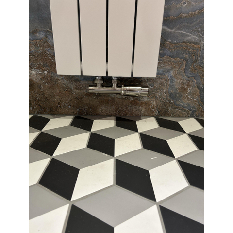 Plieger Cavallino Retto designradiator enkel middenaansluiting 2000x298mm 666W mat wit met Riko thermostatisch onderblok haaks-rechts geborsteld staal