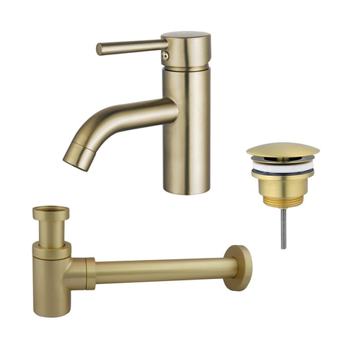 Fortifura Calvi Wastafelkraanset - lage wastafelkraan - always open plug - verlaagde design - sifon - PVD - geborsteld messing (goud) SW891944