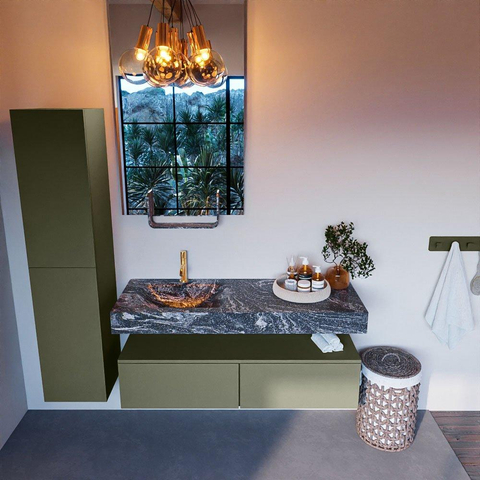 Mondiaz ALAN-DLUX Ensemble de meuble - 130cm - meuble Army mat - 2 tiroirs - Lavabo Cloud Lava suspendu - vasque Gauche - 1 trou de robinet SW808656