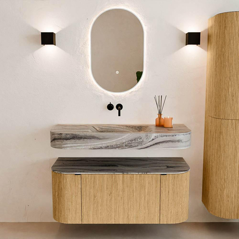 MONDIAZ THOR-DLUX 110cm badmeubel ronding links + rechts kleur Oak met 1 lade en 2 deuren. Vrijhangende wastafel CLOUD Midden zonder kraangat kleur Sombra. SW1463054