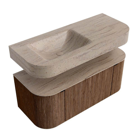 MONDIAZ THOR-DLUX 110cm badmeubel ronding links + rechts kleur Walnut met 1 lade en 2 deuren. Vrijhangende wastafel CLOUD Links 1 kraangat kleur Saba. SW1462994