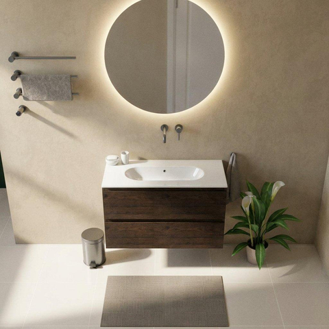 Saniclass Holz Pure Badkamermeubelset - 100x45x73.9cm - Chaci keramische wastafel wit - 1 wasbak - zonder kraangat - 2 lades - mat eiken charcoal (hout) SW1478810
