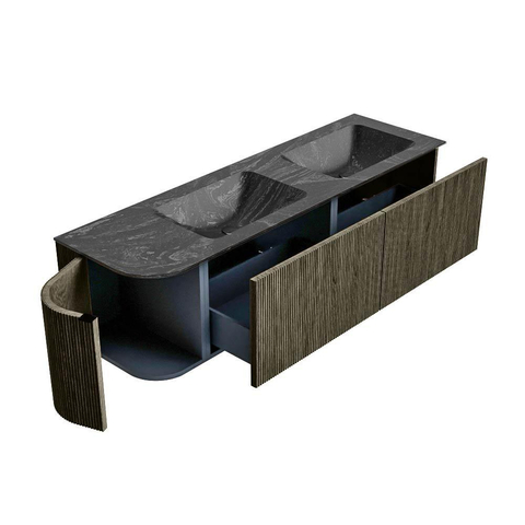 Mondiaz KURVE-DLUX Ensemble meuble de salle de bain - 155x46x40cm - 2 tiroirs - 1 porte - lavabo solid surface - double / droite - 2 trous de robinet - Shadow SW1414693