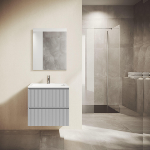 Saniclass Prime Blend Ensemble meuble de salle de bains - 60x55x46cm - 1 vasque rectangulaire en céramique blanche - 1 trou de robinet - 2 tiroirs - miroir rectangulaire - mat greige (gris) SW917009