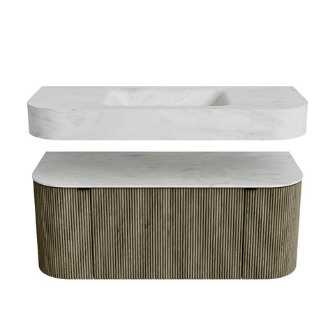 MONDIAZ THOR-DLUX 110cm meuble de salle de bains arrondi gauche + droite couleur Shadow avec 1 tiroir et 2 portes. Vasque suspendue CLOUD Milieu sans trou de robinet couleur Opalo. SW1462909