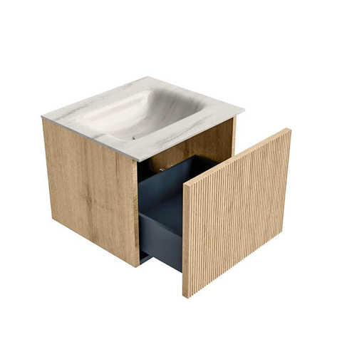 MONDIAZ KURVE-DLUX 50cm badmeubel kleur Oak met 1 lade en 0 deuren. Wastafel GRUNNE Midden 1 kraangat Meli. SW1431580