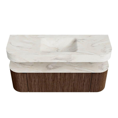MONDIAZ THOR-DLUX 140cm badmeubel ronding links + rechts kleur Walnut met 1 lade en 2 deuren. Vrijhangende wastafel CLOUD Midden 1 kraangat kleur Ostra. SW1464094
