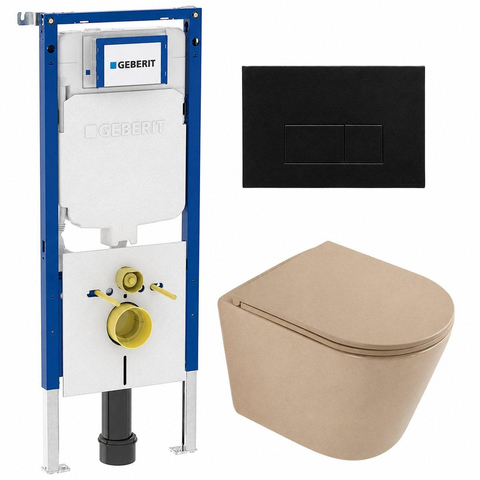 QeramiQ Dely Toiletset - 36.3x51.7cm - Geberit UP720 inbouwreservoir - rimless - diepspoel - zitting - softclose - kunststoffen bedieningsplaat mat zwart - rechthoekige knoppen - mat beige SW1426527