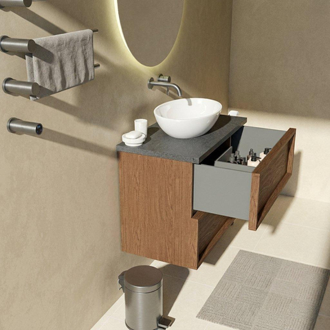 Saniclass Holz Frame Badkamermeubelset - 80x45x63cm - Noche basalten wastafelblad gepolijst (zwart) - zonder kraangat - 2 lades - mat walnut pure (hout) SW1579896