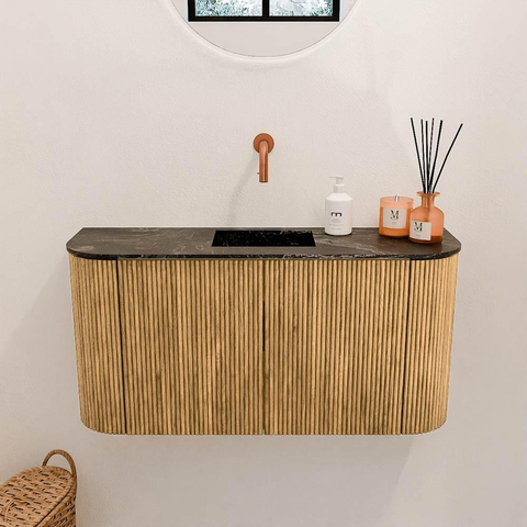 Mondiaz JOYA-DLUX 83.2cm meuble de salle de bains WC - arrondi gauche et droite couleur Chêne - Vasque FAYE position Milieu Sans trou de robinet couleur Lava. SW1422098