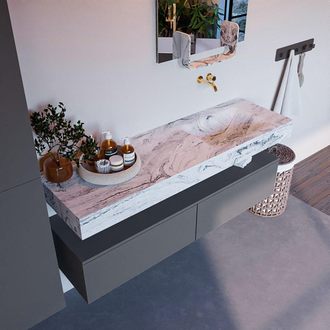 Mondiaz ALAN-DLUX Ensemble de meuble - 150cm - meuble Plata mat - 2 tiroirs - Lavabo Cloud Glace suspendu - vasque Droite - 0 trous de robinet SW806221