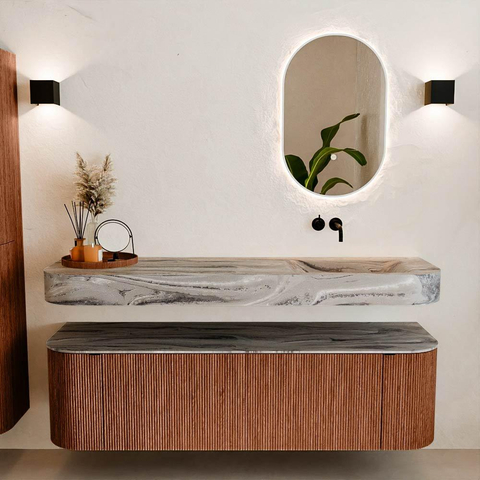 MONDIAZ THOR-DLUX 160cm meuble de salle de bains arrondi gauche + droite couleur Ruby avec 1 tiroir et 2 portes. Vasque suspendue CLOUD droite sans trou de robinet couleur Sombra. SW1465389