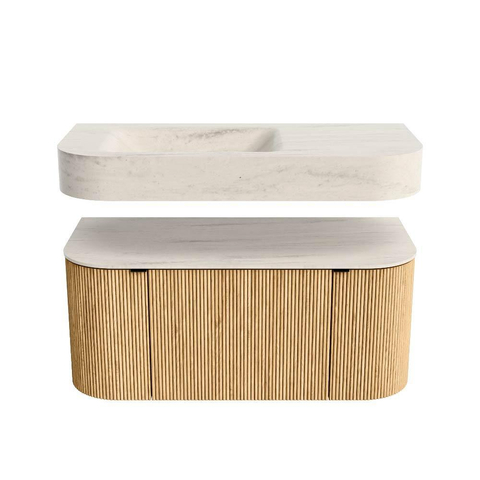 MONDIAZ THOR-DLUX Meuble de salle de bains - 100cm - arrondi gauche + droite - couleur Oak - 1 tiroir - 2 portes - Vasque suspendue CLOUD Gauche 1 trou de robinet - couleur Meli SW1467471