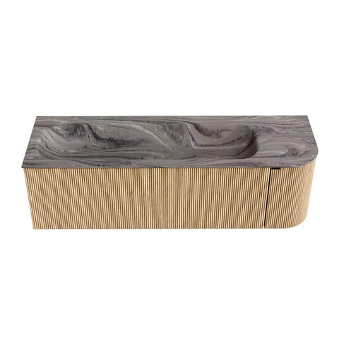 MONDIAZ KURVE-DLUX Meuble de salle de bains 145cm arrondi à droite couleur Chêne avec 1 tiroir et 1 porte. Lavabo BIG LARGE à gauche 2 trous de robinet Sombra. SW1433580