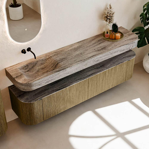 MONDIAZ THOR-DLUX 200cm meuble de salle de bains arrondi gauche + droite couleur Dusk avec 2 tiroirs et 2 portes. Vasque suspendue CLOUD Gauche sans trou de robinet couleur Oza. SW1467198