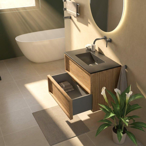 Saniclass Holz Frame Ensemble de meubles de salle de bains - 80x45x62cm - Vygo lavabo en céramique noir - 1 vasque - sans trou de robinet - 2 tiroirs - chêne natural mat (bois) SW1580004