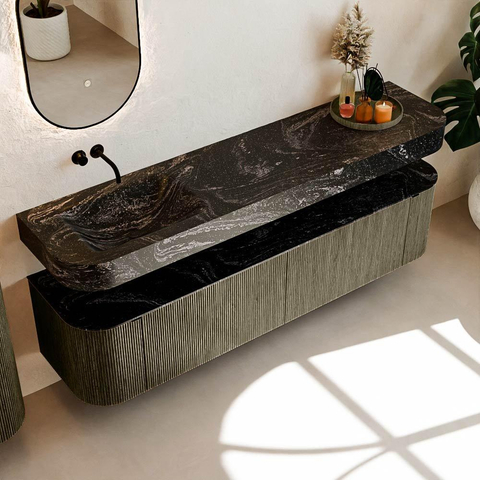 MONDIAZ THOR-DLUX 190cm meuble de salle de bains arrondi gauche + droite couleur Shadow avec 2 tiroirs et 2 portes. Vasque suspendue CLOUD Gauche sans trou de robinet couleur Lava. SW1466559