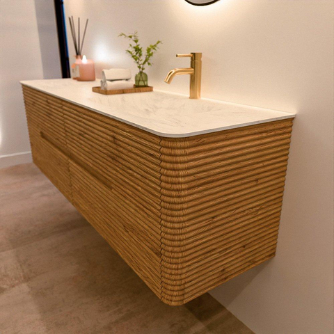 Mondiaz CIRO-DLUX Badkamermeubelset - 160x45x50cm - Solid surface wastafel Opalo - 1 wasbak Rechts - 1 kraangat - 4 lades - Oak SW1531026