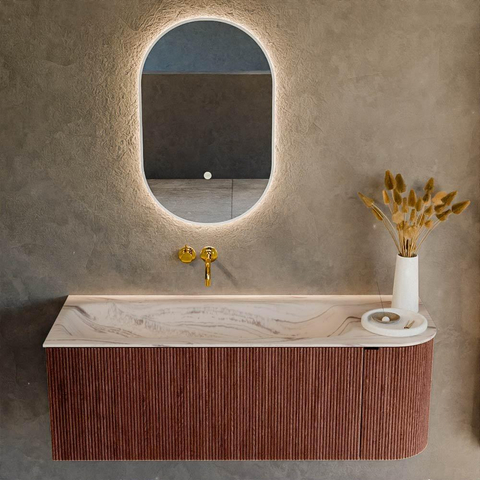MONDIAZ KURVE-DLUX Meuble de salle de bains 125cm arrondi à droite couleur Ruby avec 1 tiroir et 1 porte. Lavabo BIG MEDIUM à gauche sans trou de robinet Nata. SW1432540