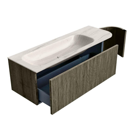 MONDIAZ KURVE-DLUX Meuble de salle de bains 135cm arrondi à droite couleur Shadow avec 1 tiroir et 1 porte. Lavabo BIG MEDIUM gauche sans trou de robinet Meli. SW1431796