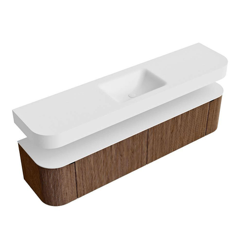 MONDIAZ THOR 190cm badmeubel ronding links + rechts kleur Walnut met 2 lades en 2 deuren. Vrijhangende wastafel CLOUD Midden zonder kraangat kleur Talc. SW1466394