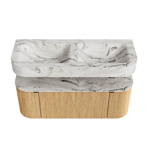 MONDIAZ THOR-DLUX 120cm badmeubel ronding links + rechts kleur Oak met 1 lade en 2 deuren. Vrijhangende wastafel CLOUD Dubbel zonder kraangat kleur Glace. SW1463059