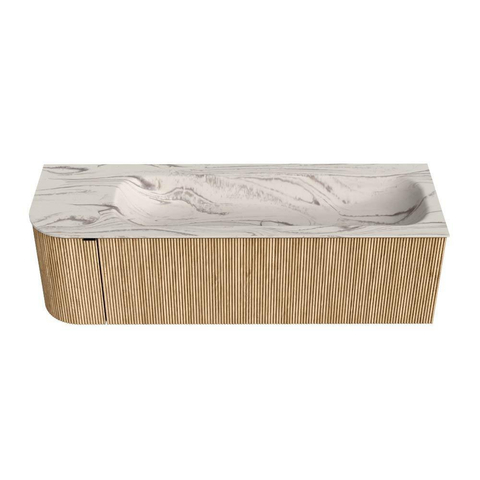 MONDIAZ KURVE-DLUX 145cm badmeubel ronding Links kleur Oak met 1 lade en 1 deur. Wastafel BIG LARGE Rechts 1 kraangat Nata. SW1432120