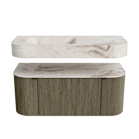 MONDIAZ THOR-DLUX 110cm badmeubel ronding links + rechts kleur Shadow met 1 lade en 2 deuren. Vrijhangende wastafel CLOUD Links 1 kraangat kleur Frappe. SW1462900