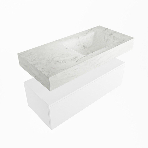 Mondiaz ALAN-DLUX Ensemble de meuble - 100cm - meuble Talc mat - 1 tiroir - Lavabo Cloud Opalo suspendu - vasque Droite - 1 trou de robinet SW806352