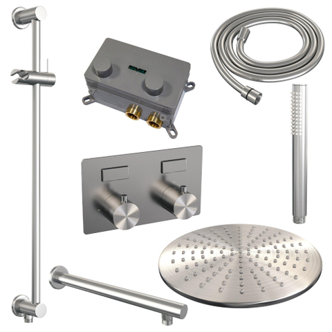 BRAUER Brushed Edition Thermostatische Regendouche inbouw - drukknoppen - SET 62 - 30cm hoofddouche - rechte muurarm - staaf handdouche - doucheslang - geïntegreerde glijstang - RVS geborsteld PVD SW925490