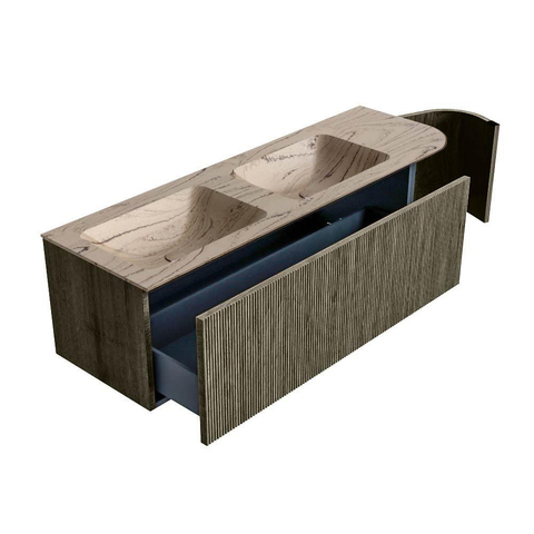 MONDIAZ KURVE-DLUX Meuble de salle de bains 145cm arrondi à droite couleur Shadow avec 1 tiroir et 1 porte. Lavabo LEAF Double / Gauche sans trou de robinet Arena. SW1431457