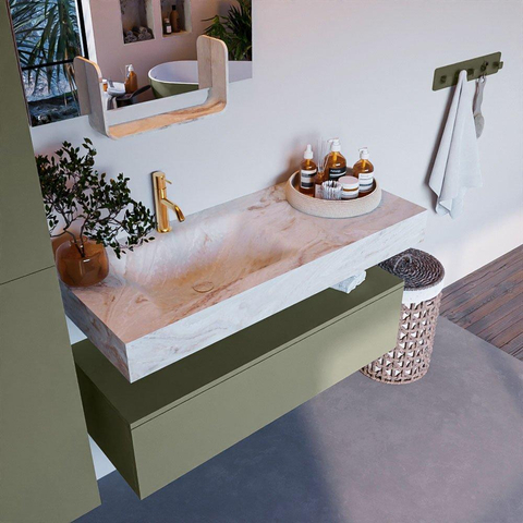 Mondiaz ALAN-DLUX Ensemble de meuble - 110cm - meuble Army mat - 1 tiroir - Lavabo Cloud Frappe suspendu - vasque Gauche - 1 trou de robinet SW804754