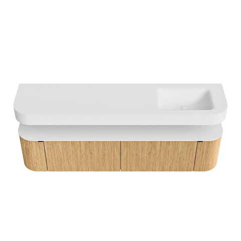 MONDIAZ THOR 190cm meuble de salle de bains arrondi gauche + droite couleur Oak avec 2 tiroirs et 2 portes. Vasque suspendue CLOUD Droite 1 trou de robinet couleur Talc. SW1466358