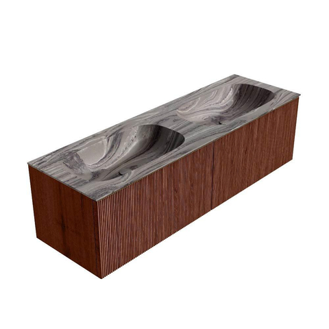 MONDIAZ KURVE-DLUX Meuble de salle de bains 150cm couleur Ruby avec 2 tiroirs et 0 porte. Lavabo STOR SMALL double sans trou de robinet Sombra. SW1434006