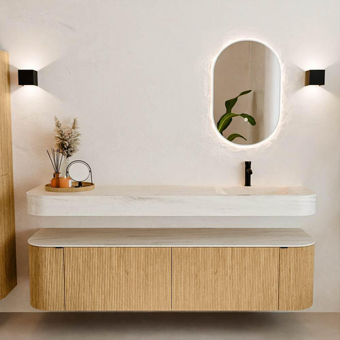 MONDIAZ THOR-DLUX 180cm meuble de salle de bains arrondi gauche + droite couleur Oak avec 2 tiroirs et 2 portes. Vasque suspendue CLOUD Droite 1 trou de robinet couleur Meli. SW1466159