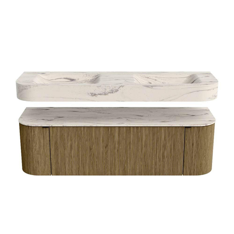 MONDIAZ THOR-DLUX 150cm meuble de salle de bains arrondi gauche + droite couleur Dusk avec 1 tiroir et 2 portes. Vasque suspendue CLOUD Double sans trou de robinet couleur Nata. SW1464811
