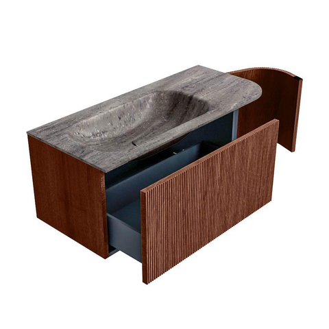 MONDIAZ KURVE-DLUX 105cm badmeubel ronding Rechts kleur Ruby met 1 lade en 1 deur. Wastafel BIG SMALL Links 1 kraangat Oza. SW1432784